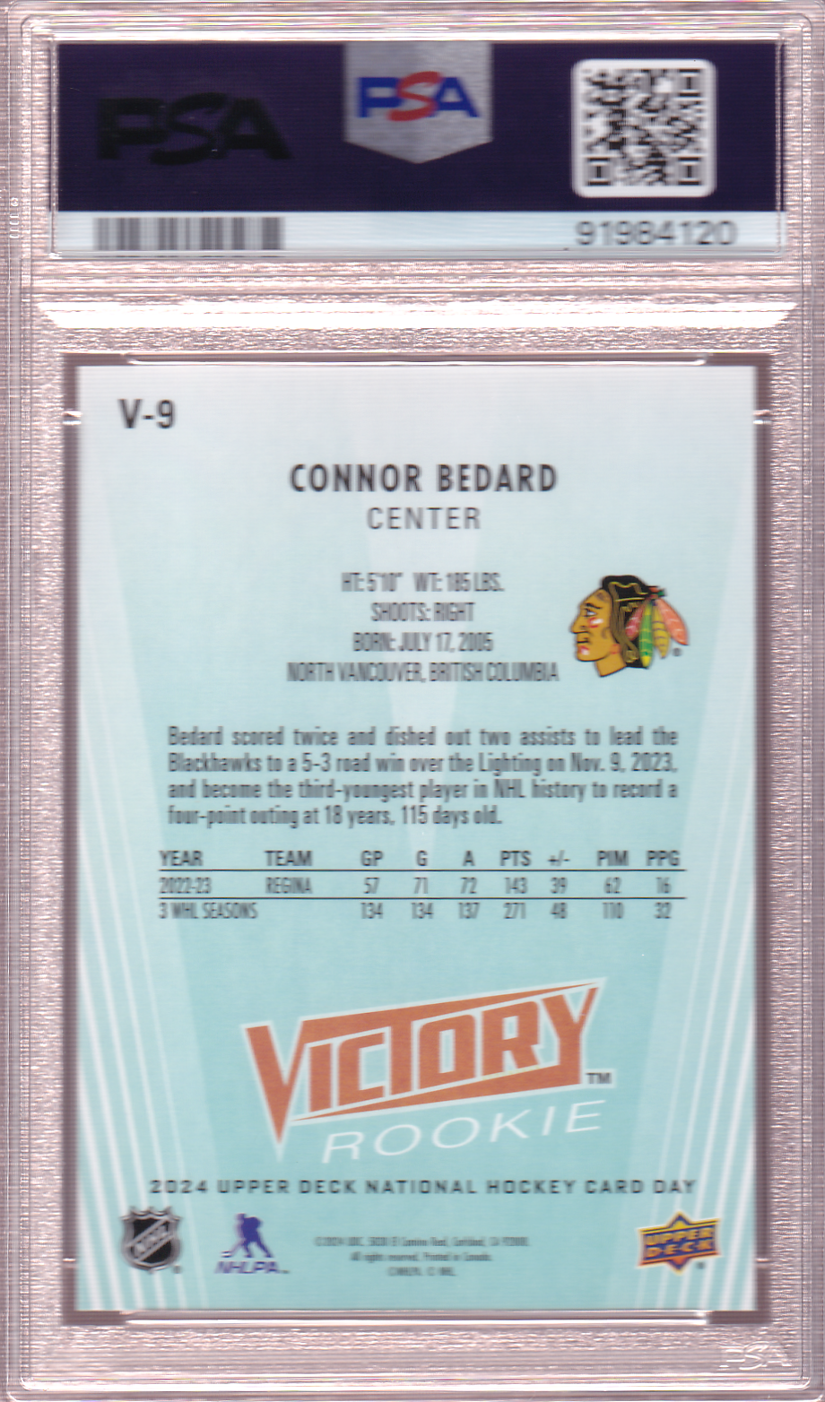 Connor Bedard 2024 Upper Deck Victory Black PSA 10 Rookie Card Chicago Blackhawks National Hockey Card Day RC