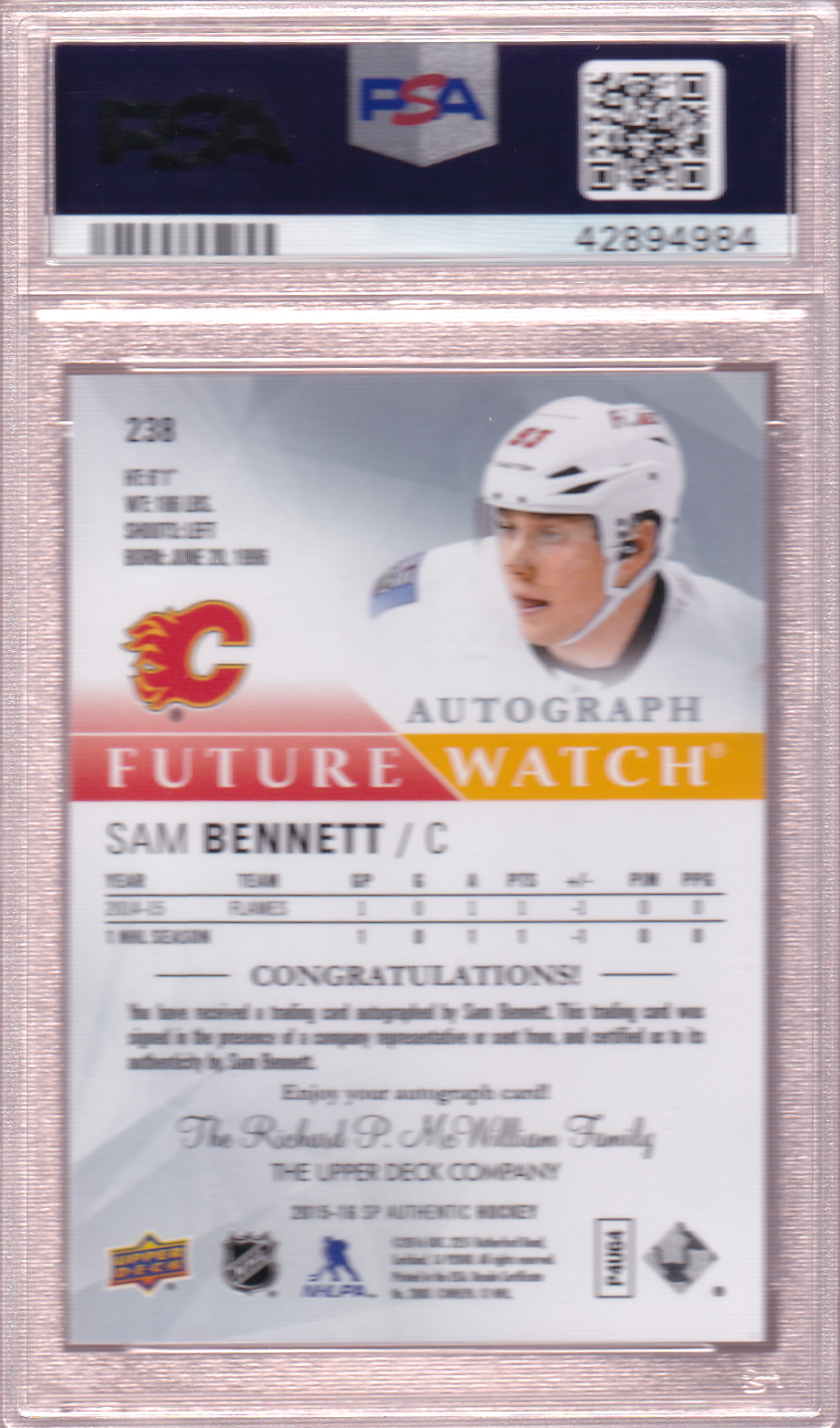 Sam Bennett 2015-16 SP Authentic Future Watch BLACK PSA 10 Rookie Card RC #238 Calgary Flames