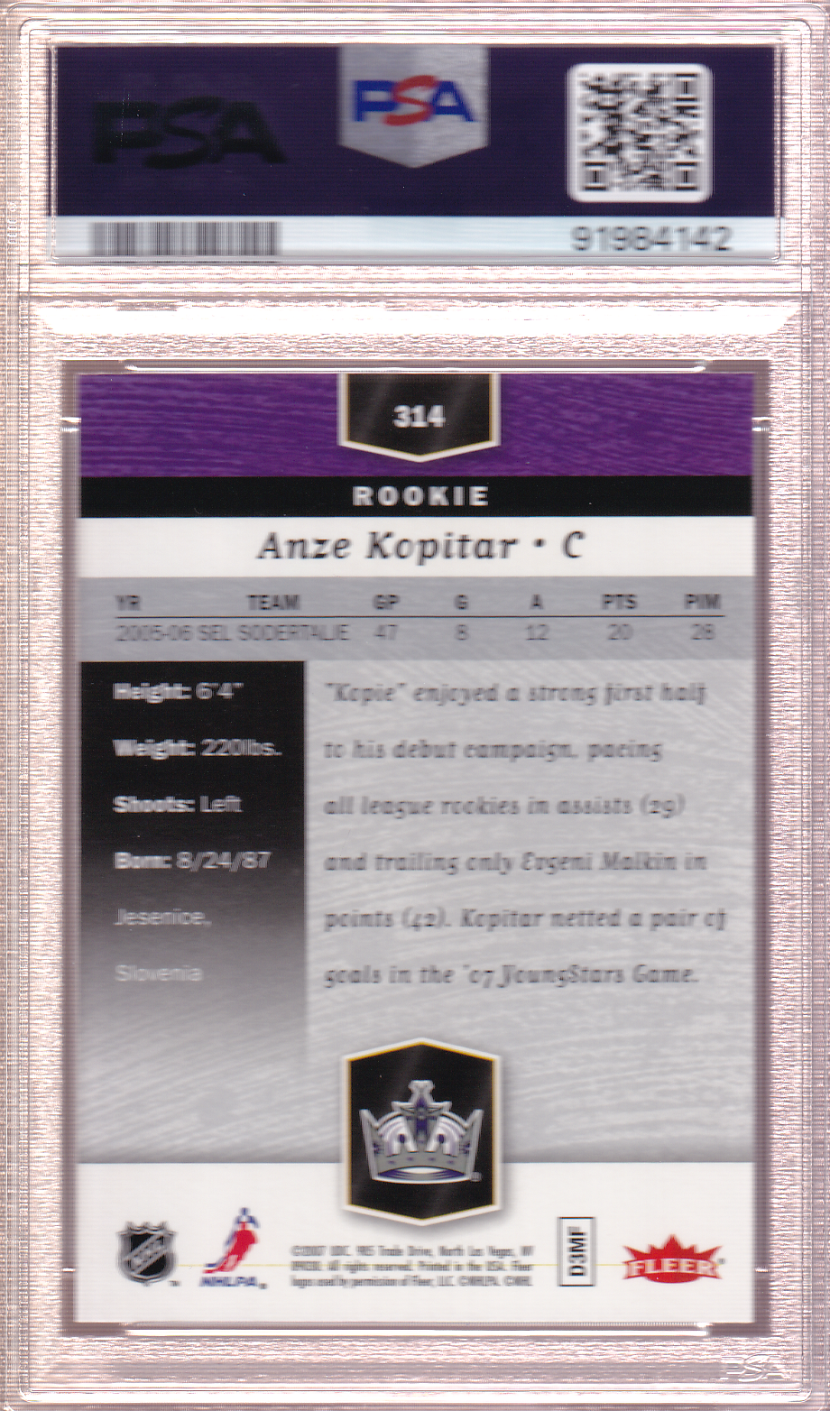 Anze Kopitar 2006-07 Flair Showcase Rookie Card RC #314 PSA 10 Los Angeles Kings