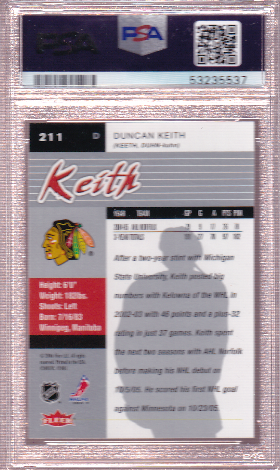 Duncan Keith 2005-06 Fleer Ultra PSA 10 Rookie Card RC #211 Chicago Blackhawks