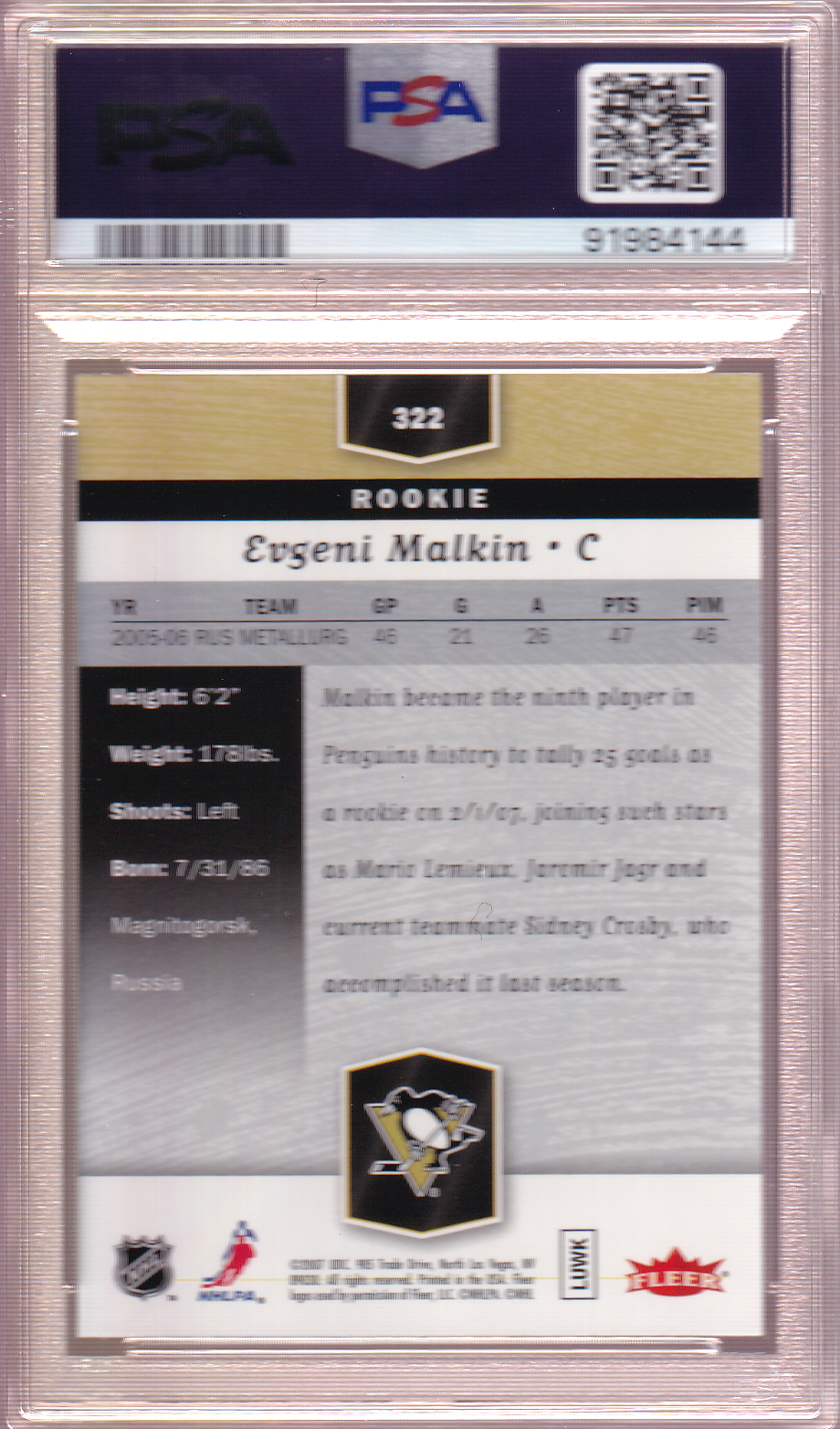 Evgeni Malkin 2006-07 Flair Showcase Rookie Card RC #322 PSA 10 Pittsburgh Penguins