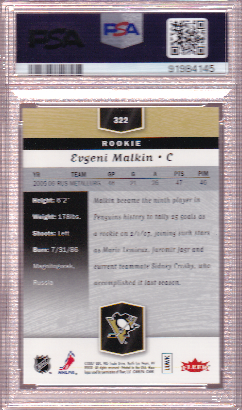 Evgeni Malkin 2006-07 Flair Showcase Rookie Card RC #322 PSA 10 Pittsburgh Penguins