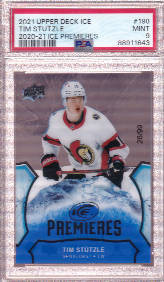 Tim Stutzle 2020-21 UD Ice Premieres Rookie Card /99 RC #198 PSA 9 Ottawa Senators