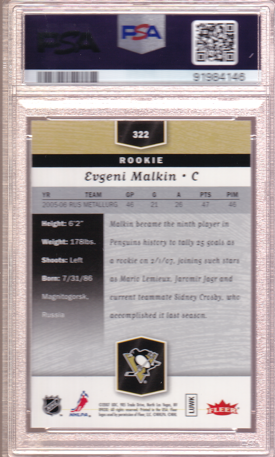 Evgeni Malkin 2006-07 Flair Showcase Rookie Card RC #322 PSA 10 Pittsburgh Penguins