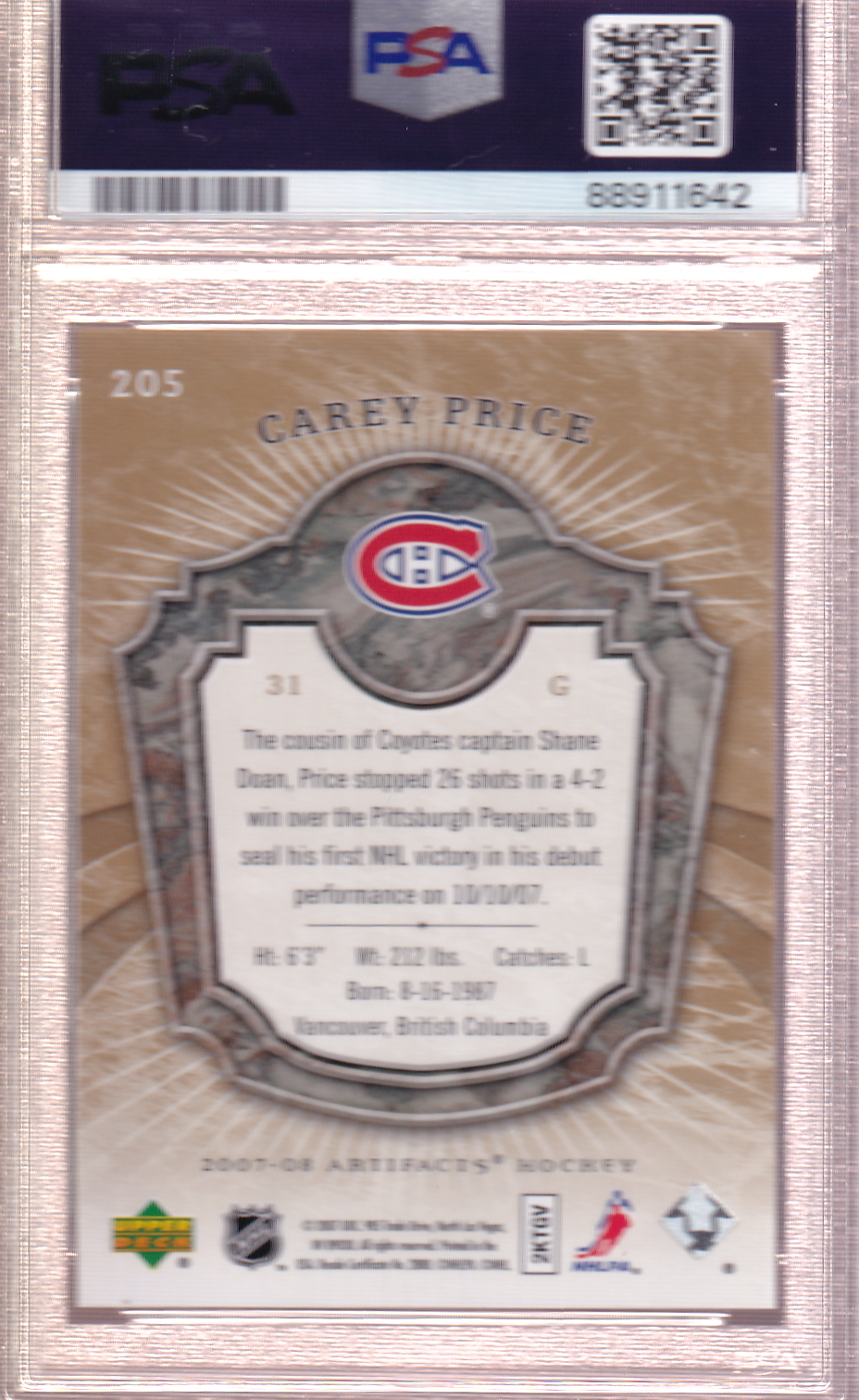 Carey Price UD ARTIFACTS Gold 40/50 Rookie Card RC #205 PSA 10 Montreal Canadiens