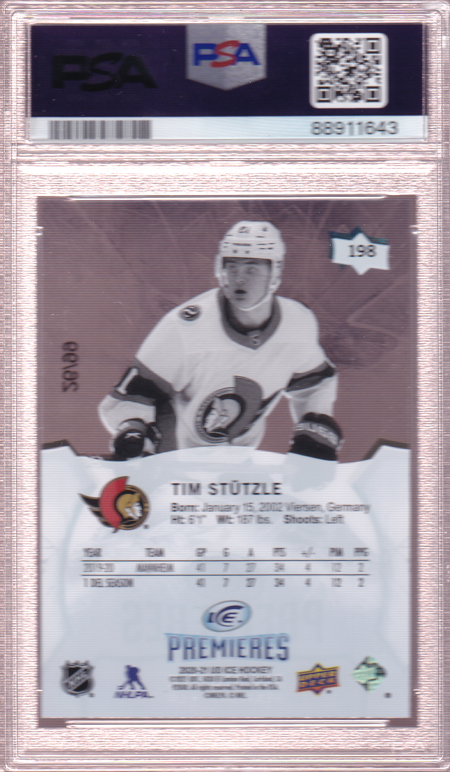 Tim Stutzle 2020-21 UD Ice Premieres Rookie Card /99 RC #198 PSA 9 Ottawa Senators