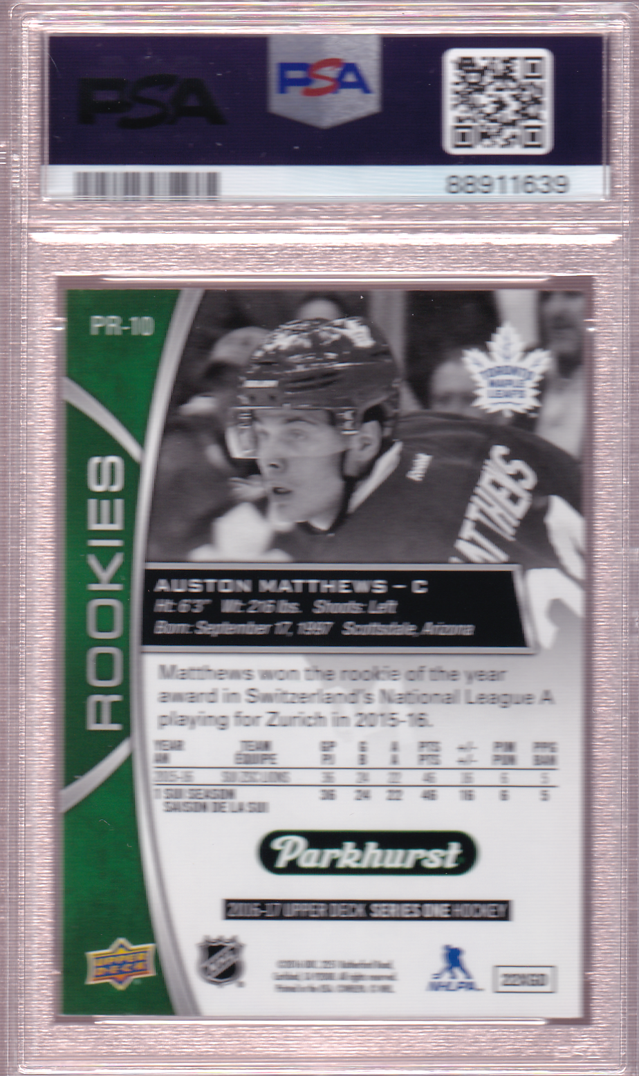 Auston Matthews 2016-17 Parkhurst Rookie Previews Card RC #PR-10 PSA 9 Toronto Maple Leafs