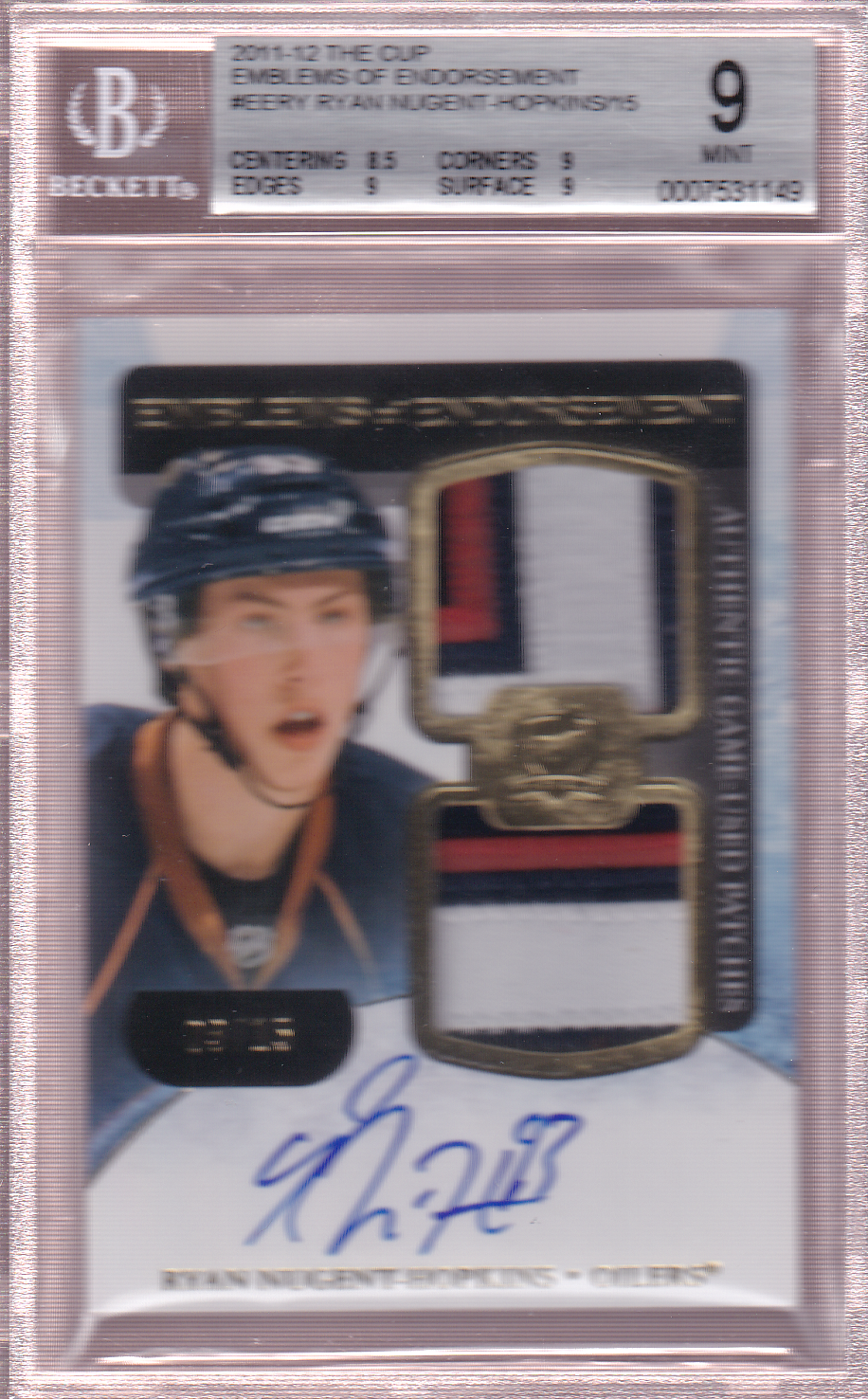 RYAN NUGENT-HOPKINS 2011-12 UD The Cup Emblems of Endorsement 3/15 Rookie Card BGS 9 - Edmonton Oilers RC