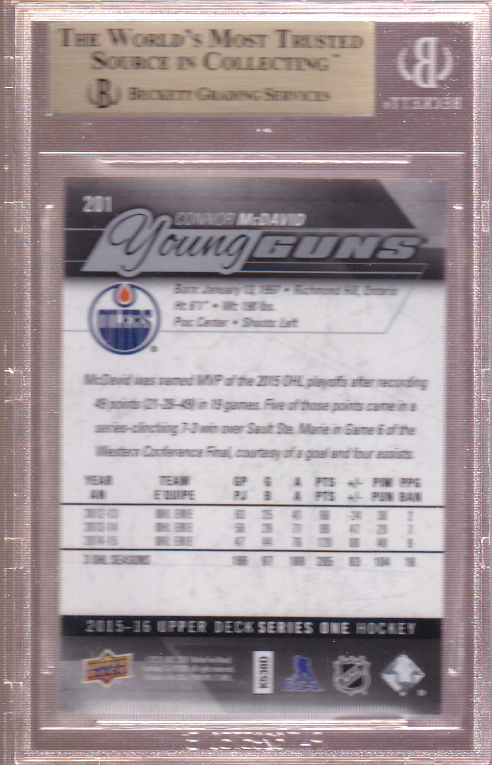 Connor McDavid 2015-16 Upper Deck Young Guns Rookie Card BGS 9.5+ TRUE GEM +   Edmonton Oilers RC