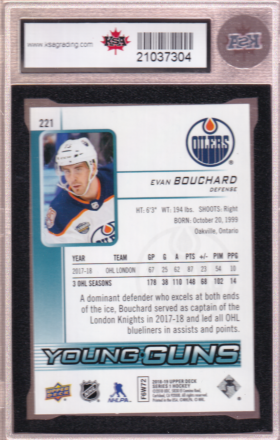 Evan Bouchard 2018-19 Upper Deck Young Guns Rookie Card KSA 10 - Edmonton Oilers RC #221