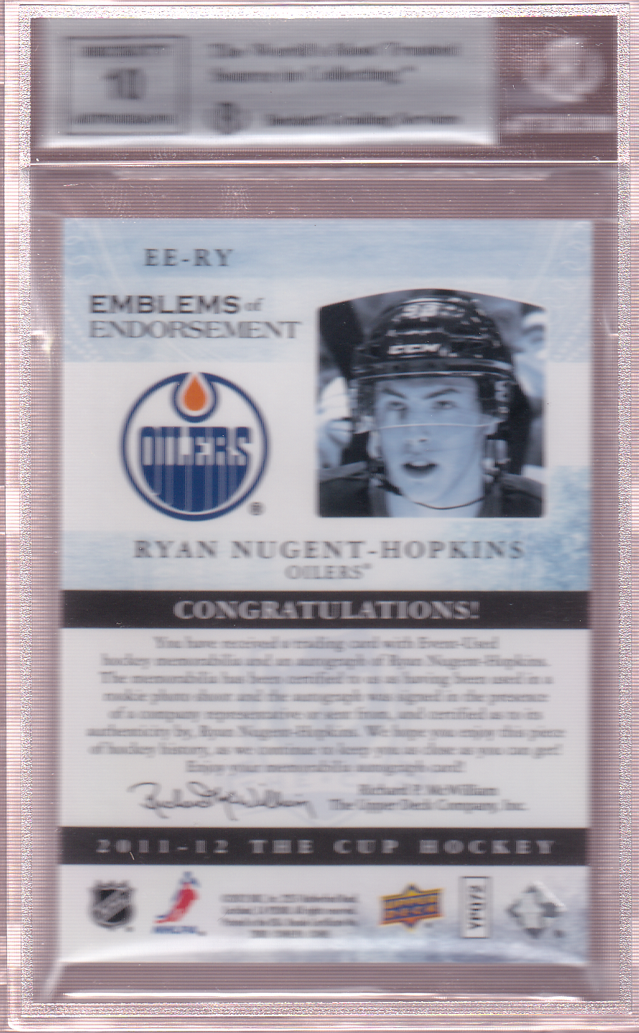 RYAN NUGENT-HOPKINS 2011-12 UD The Cup Emblems of Endorsement 3/15 Rookie Card BGS 9 - Edmonton Oilers RC