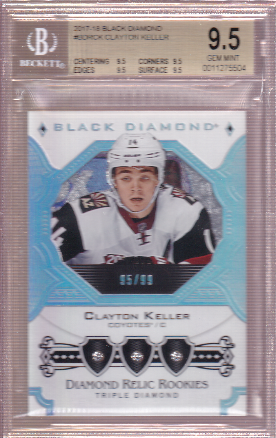 Clayton Keller 20178-18 Black Diamond Quad Diamond Relic Rookies 95/99 BGS 9.5 True Gem #BDR-CK Arizona Coyotes