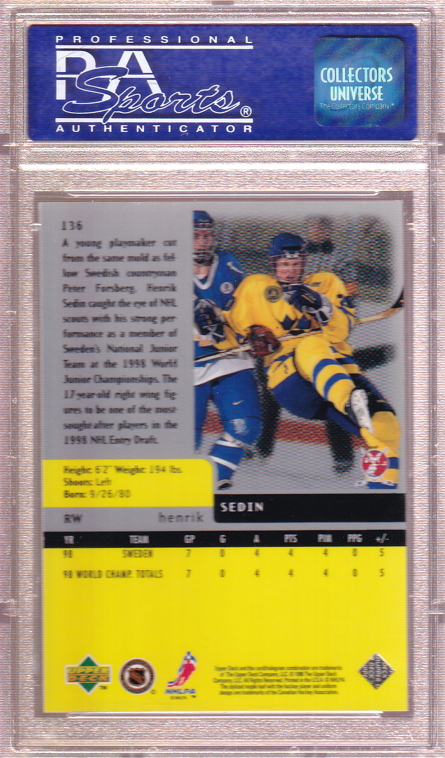 Henrik Sedin  1997-98 Black Diamond  RC PSA 9 Rookie Card #136 Vancouver Canucks