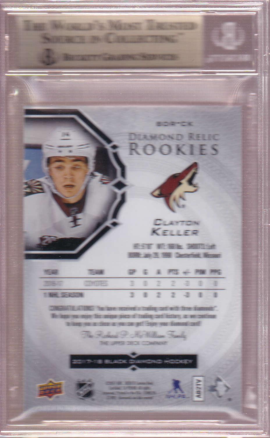 Clayton Keller 20178-18 Black Diamond Quad Diamond Relic Rookies 95/99 BGS 9.5 True Gem #BDR-CK Arizona Coyotes