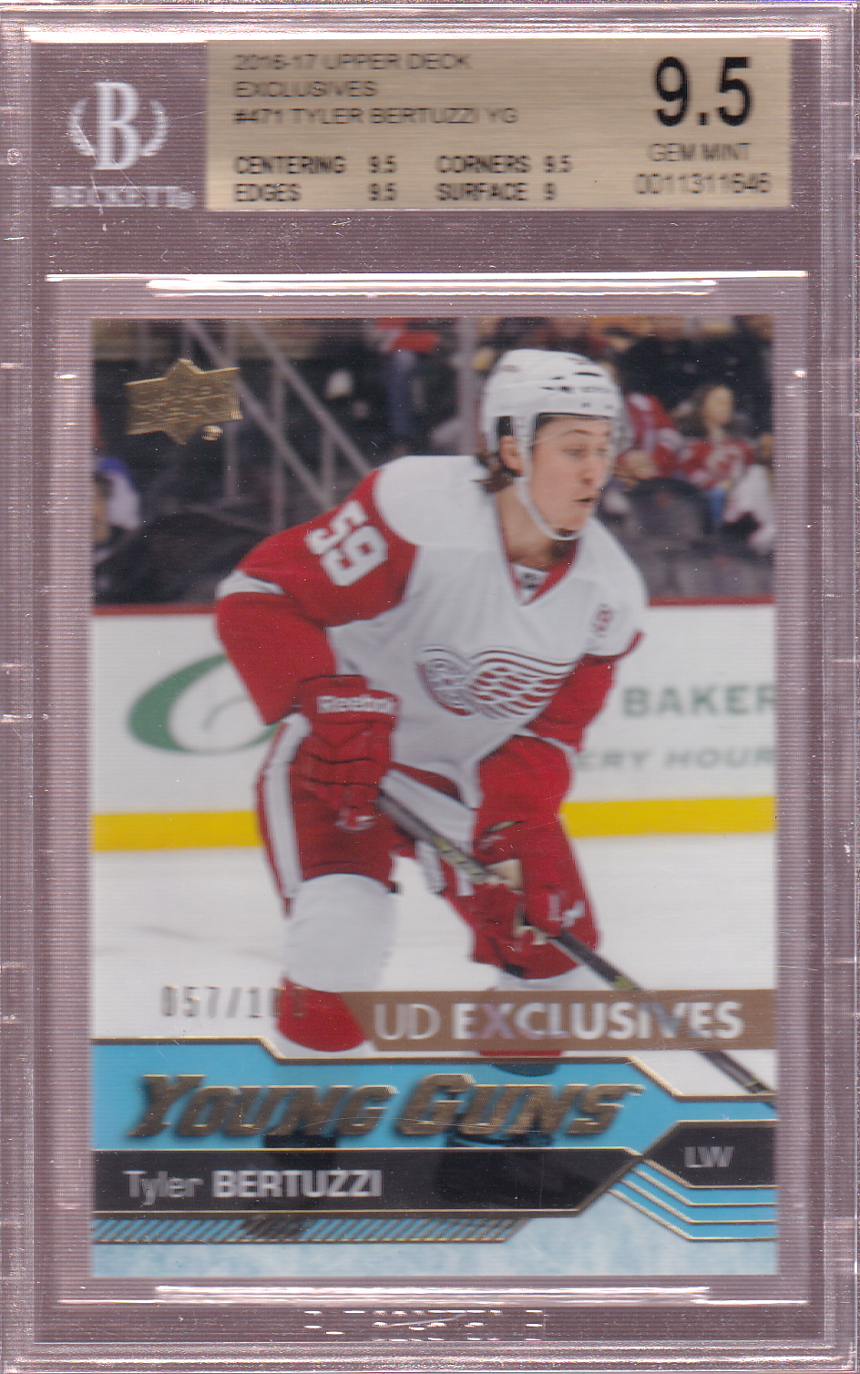 TYLER BERTUZZI Upper Deck UD Young Guns Exclusives 57/100 Rookie Card RC BGS 9.5 Detroit Red Wings - Toronto Maple Leafs