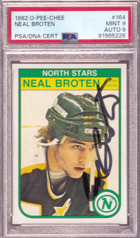 NEAL BROTEN Autographed 1982-83 O-Pee-Chee OPC Rookie card RC #164 PSA 9 / Auto 9 - Minnesota North Stars