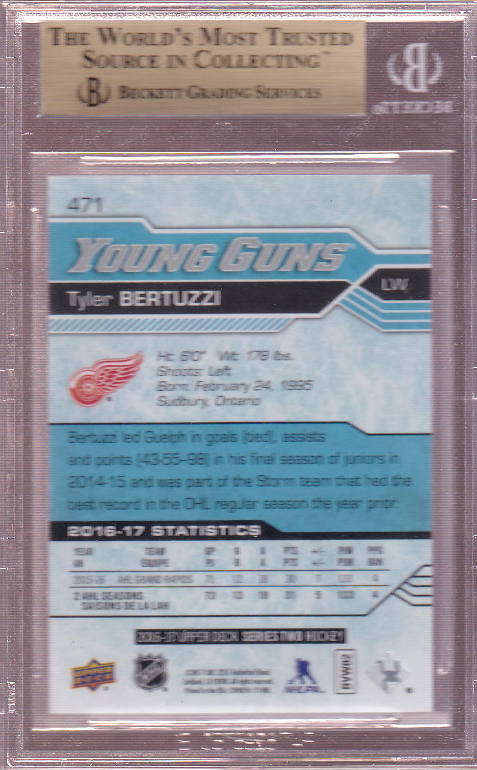 TYLER BERTUZZI Upper Deck UD Young Guns Exclusives 57/100 Rookie Card RC BGS 9.5 Detroit Red Wings - Toronto Maple Leafs