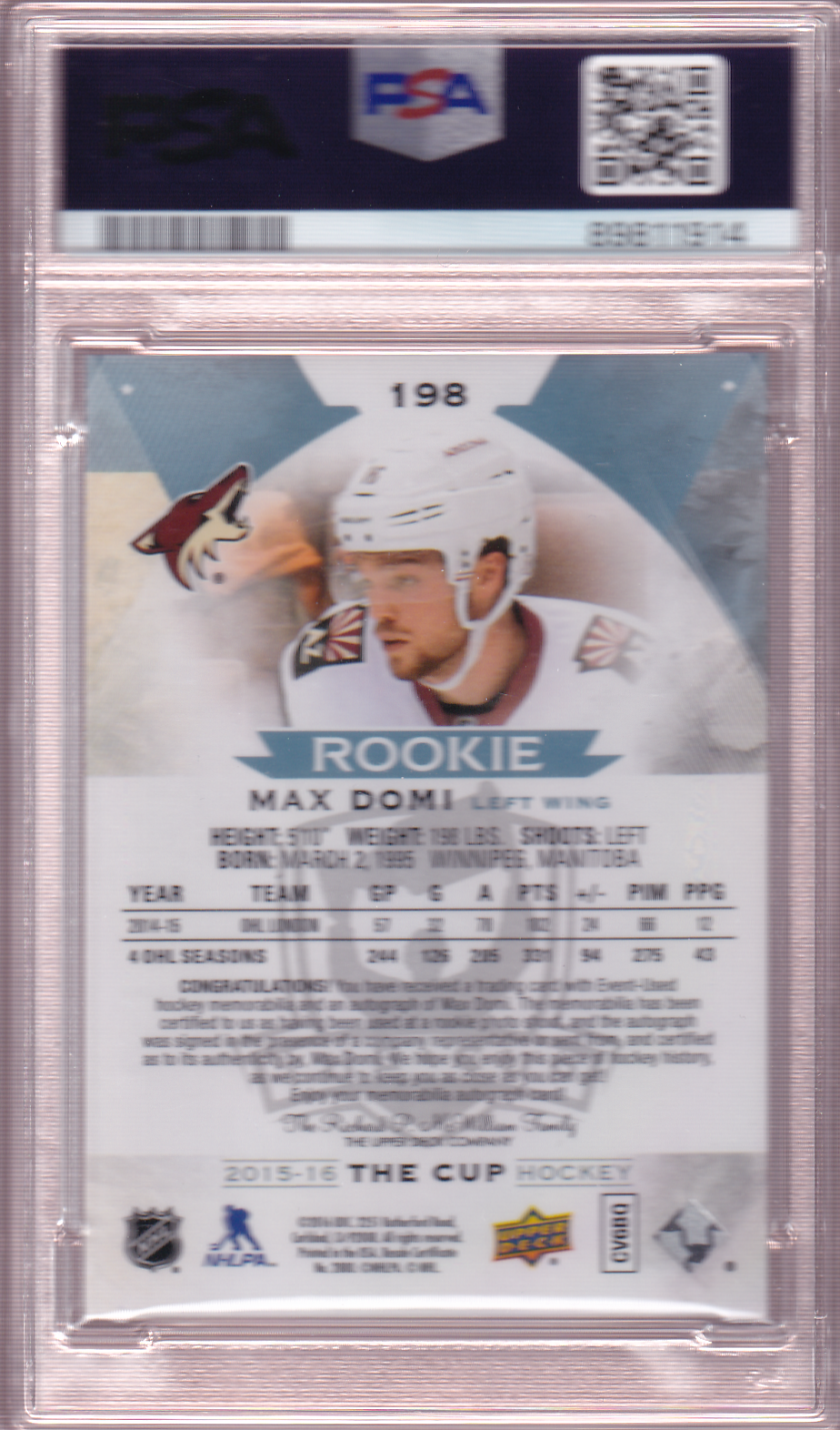 MAX DOMI 2015-16 Upper Deck UD The CUP Rookie Autographed Patch Card RC #198 - Arizona Coyotes - Toronto Maple Leafs