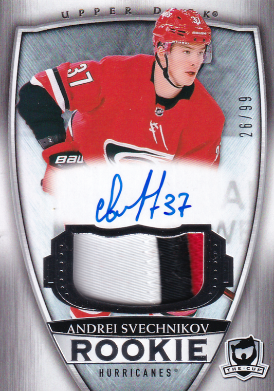 Andrei Svechnikov Upper Deck UD The Cup Rookie Autographed Patch Card 26/99 RC #62 Carolina Hurricanes