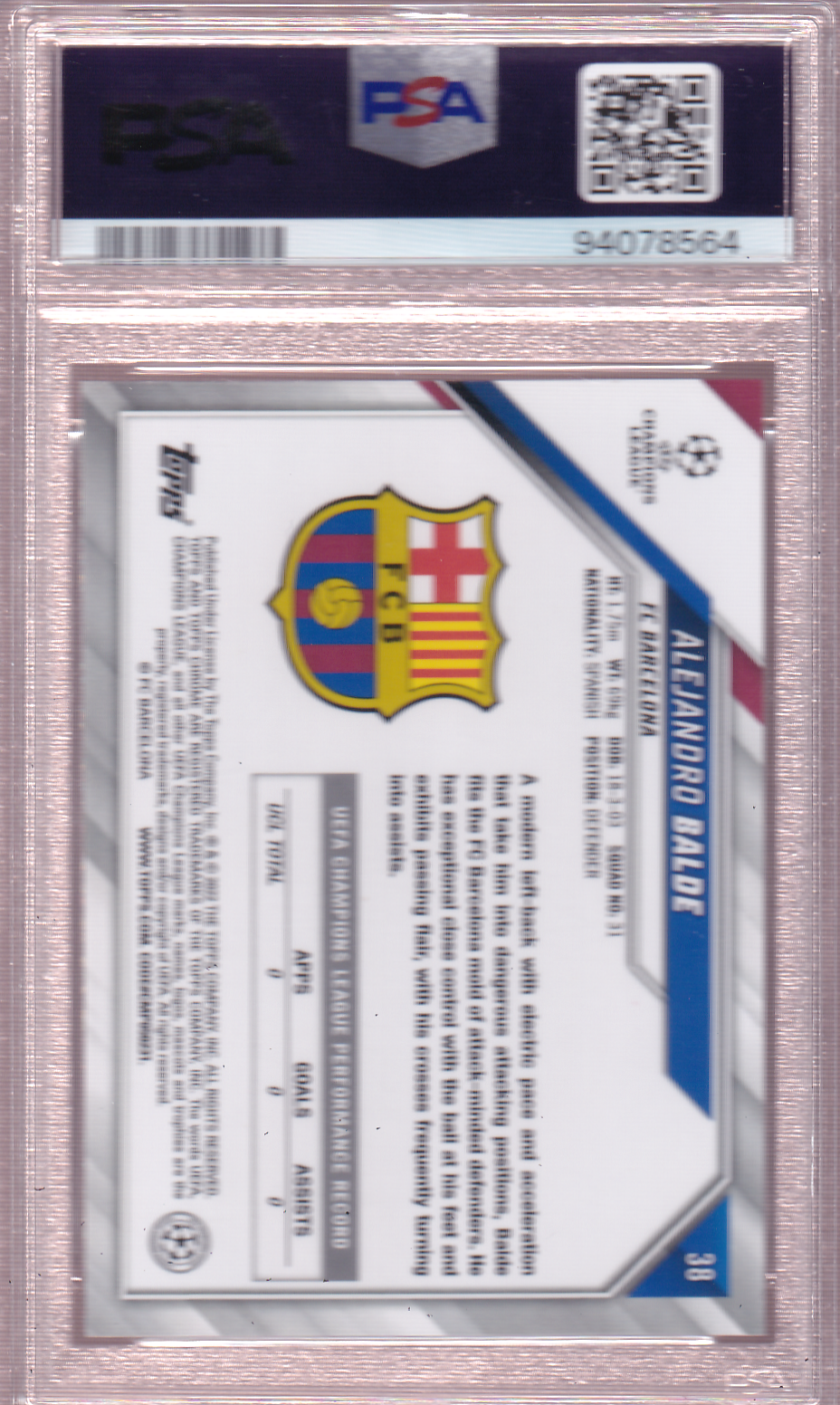 ALEJANDRO BALDE 2021-22 Topps Chrome UCL Speckle Refractor Soccer Card #38 PSA 9