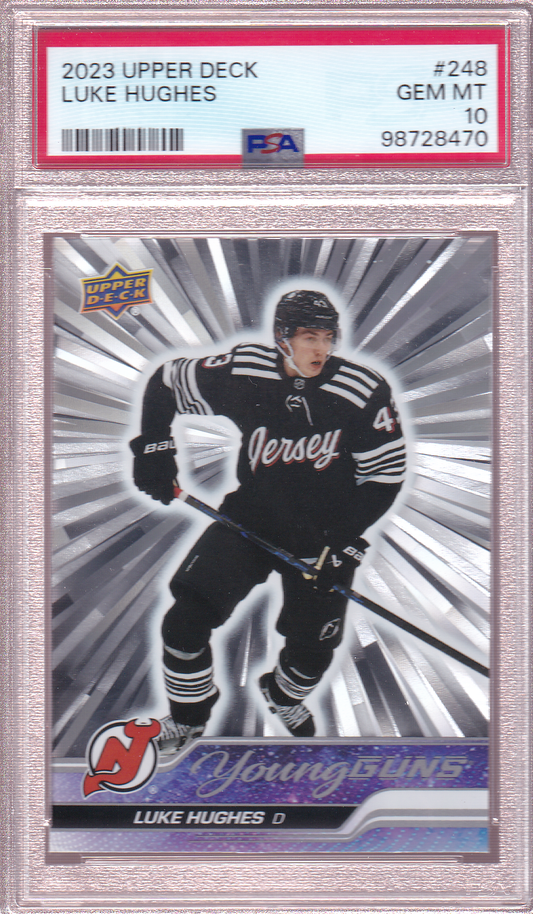 LUKE HUGHES 2023-24 Upper Deck Series 1 Silver Outburst Young Guns Rookie Card RC #248 PSA 10 New Jersey Devils