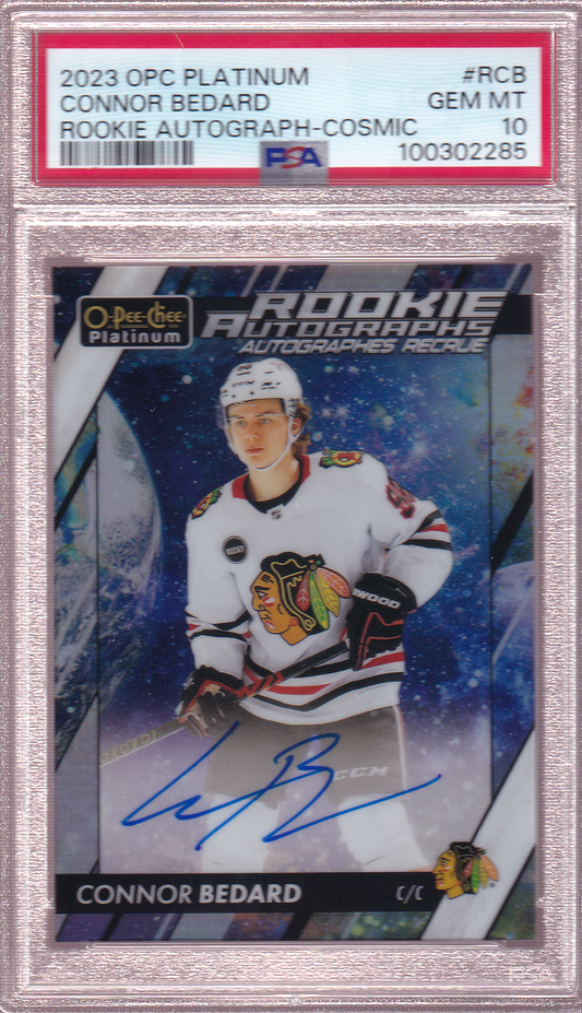 Connor Bedard 2023-24 O-Pee-Chee OPC Platinum Cosmic Autograph /35 Rookie Card RC #R-CB PSA 10 Chicago Blackhawks