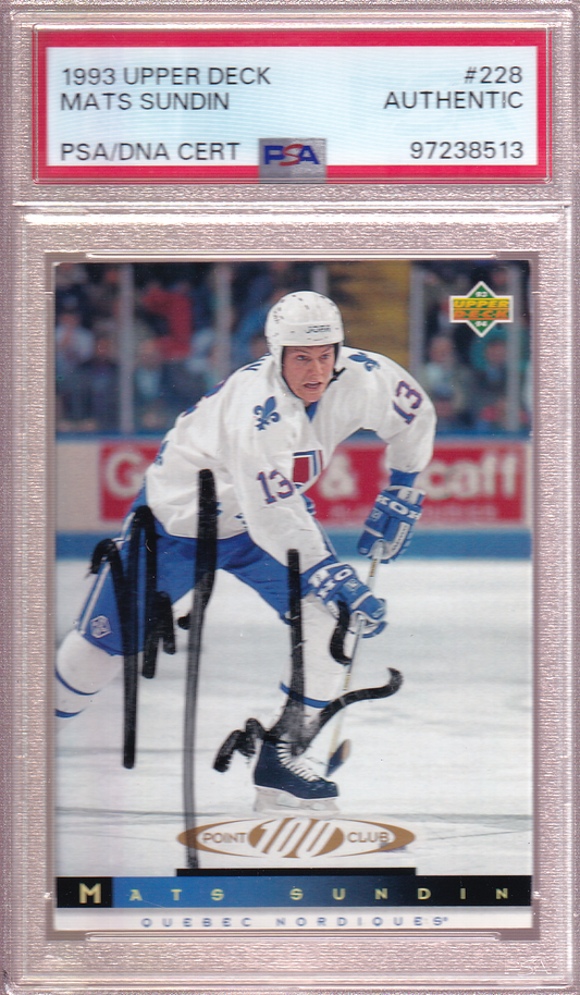 MATS SUNDIN Autographed 1992-93 Upper Deck 100 Point Club #228 Quebec Nordiques PSA/DNA Certified Authentic Auto