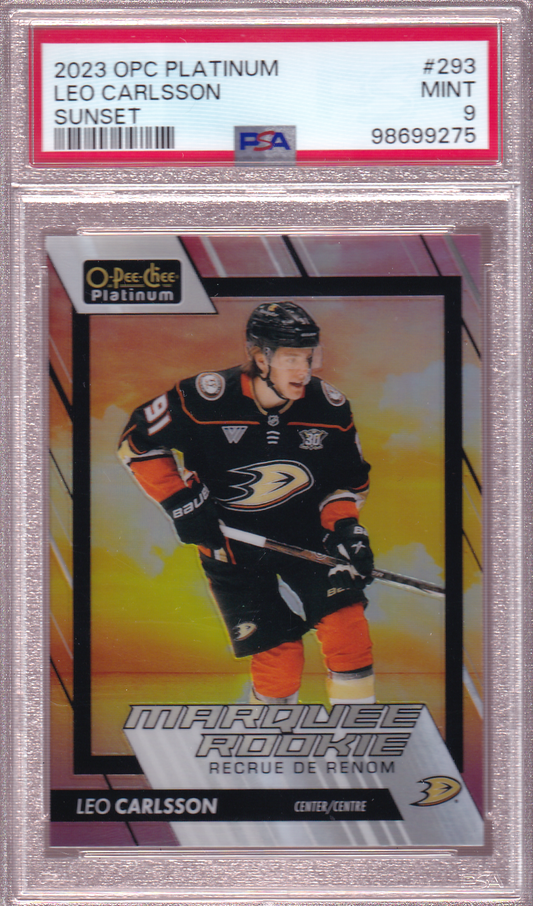 LEO CARLSSON 2023-24 O-Pee-Chee Platinum Sunset OPC Rookie Card #293 RC Anaheim Ducks PSA 9