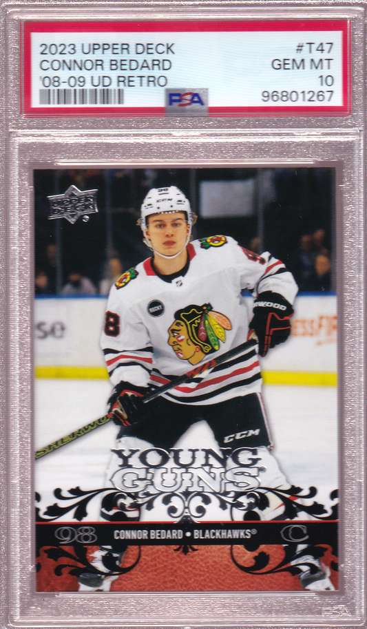 Connor Bedard 2023-24 UD 2008-09 Retro Young Guns Rookie Card RC #T-47 PSA 10 Chicago Blackhawks