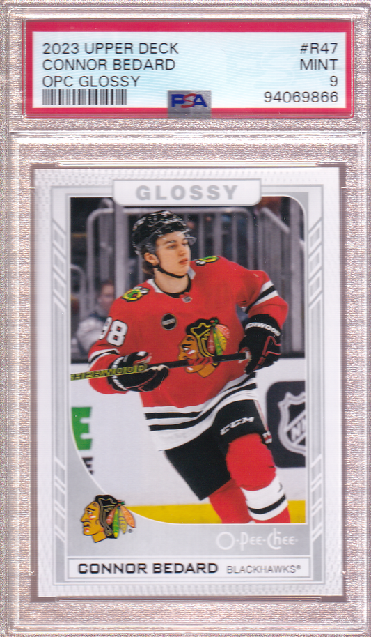 Connor Bedard 2023-24 UD O-Pee-Glossy Rookie Card RC #R-47 PSA 9 Chicago Blackhawks