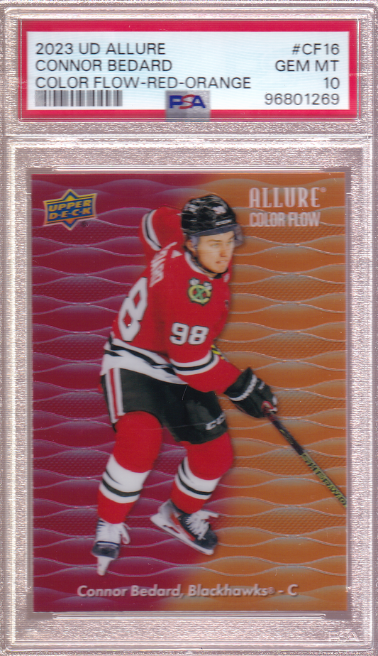 Connor Bedard 2023-24 UD Allure Color Flow RED / ORANGE Rookie Card RC #CF-16 PSA 10 Chicago Blackhawks