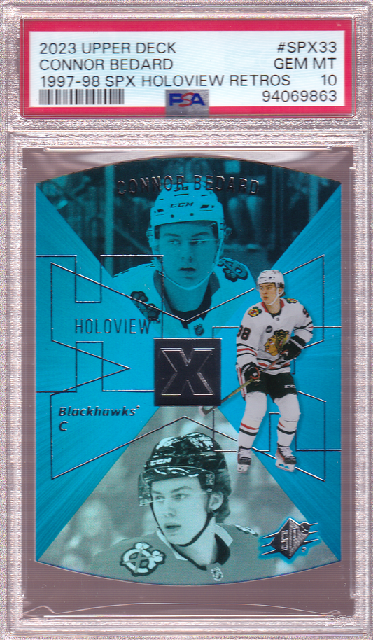 Connor Bedard 2023-24 UD 1997-98 SPX Holoview Retros Rookie Card RC #SPX-33 PSA 10 Chicago Blackhawks