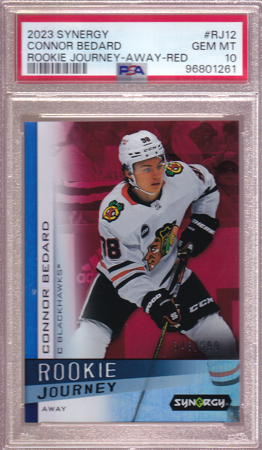 Connor Bedard 2023-24 UD Synergy Rookie Journey Away Jersey - Red /599 Rookie Card RC #RJ-12 PSA 10 Chicago Blackhawks