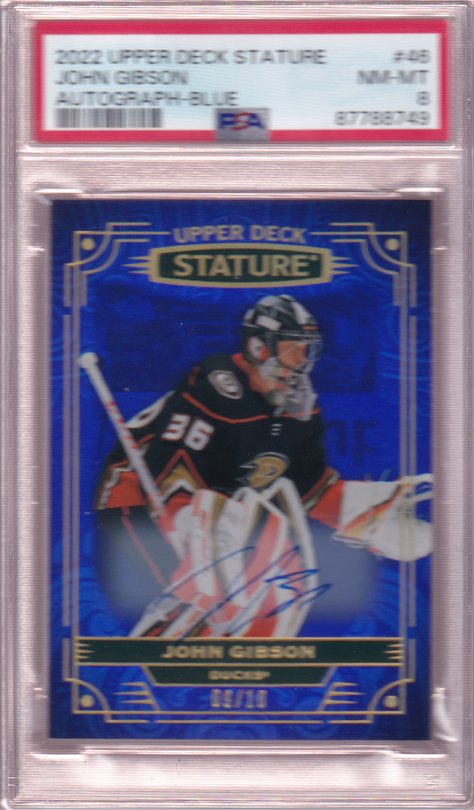 JOHN GIBSON UD Stature Autograph Blue /10 Card #46 PSA 8 Anaheim Ducks