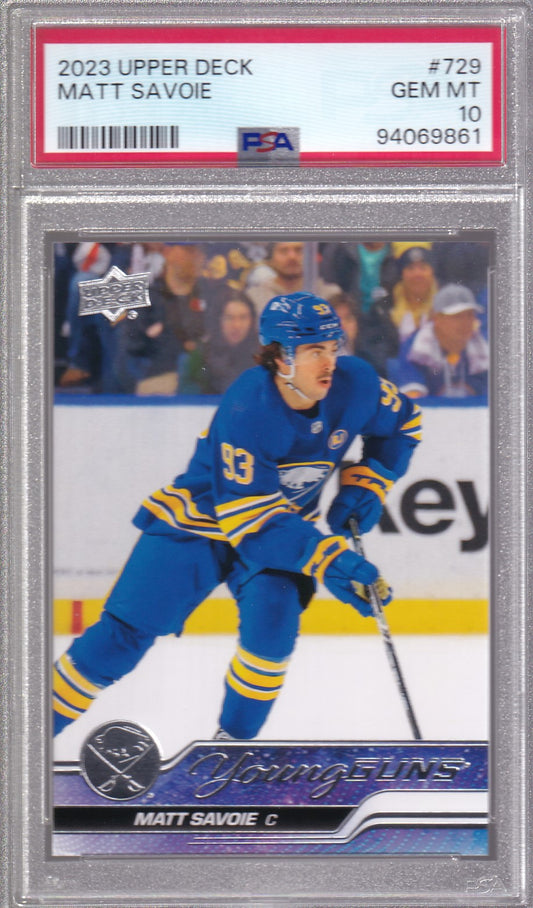 MATT SAVOIE 2023-24 Upper Deck Extended Young Guns Rookie Card RC #729 PSA 10 Buffalo Sabres