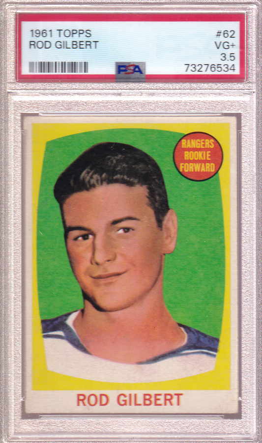 ROD GILBERT 1961-62 Topps Rookie Card #62 RC PSA 3.5 New York Rangers