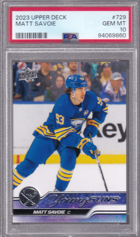 MATT SAVOIE 2023-24 Upper Deck Extended Young Guns Rookie Card RC #729 PSA 10 Buffalo Sabres