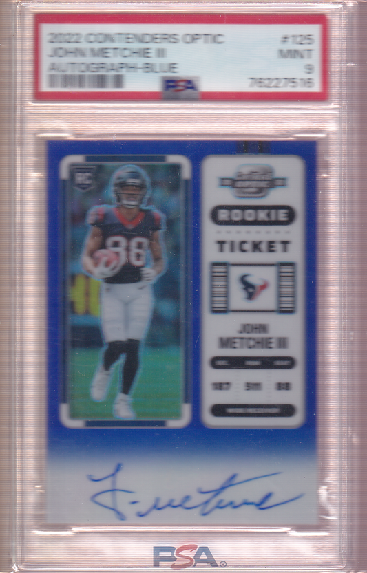 JOHN METCHIE III 2022 Panini Contenders Optic Rookie Ticket Autograph Blue 08/75 PSA 9 Auto #125 Houston Texans