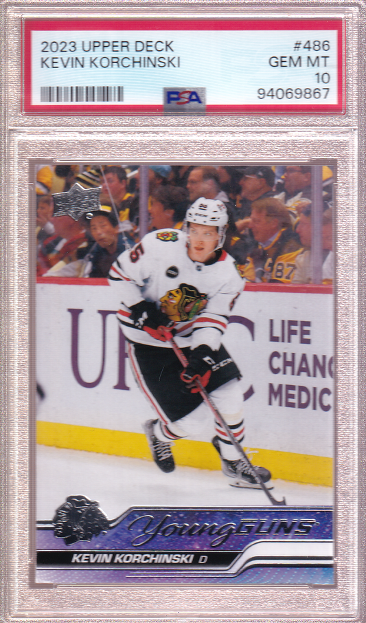 KEVIN KORCHINSKI 2023-24 Upper Deck UD Young Guns Rookie Card PSA 10 RC #486 Chicago Blackhawks