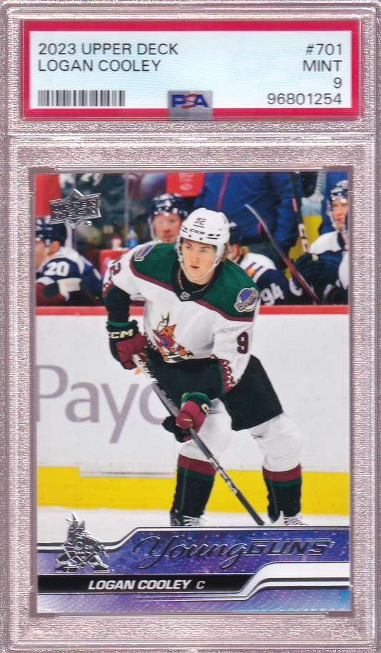 LOGAN COOLEY 2023-24 Upper Deck UD Young Guns Rookie Card PSA 9 RC #701 Arizona Coyotes