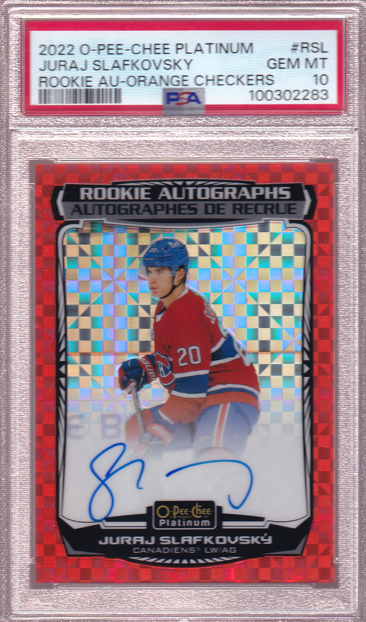 JURAJ SLAFKOVSKY 2022-23 O-Pee-Chee Platinum Orange Checkers 13/15 Rookie Autograph Card #R-SL OPC PSA 10 RC Montreal Canadiens