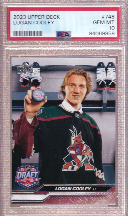 LOGAN COOLEY 2023-24 Upper Deck Rookie Card PSA 10 RC #748 Arizona Coyotes