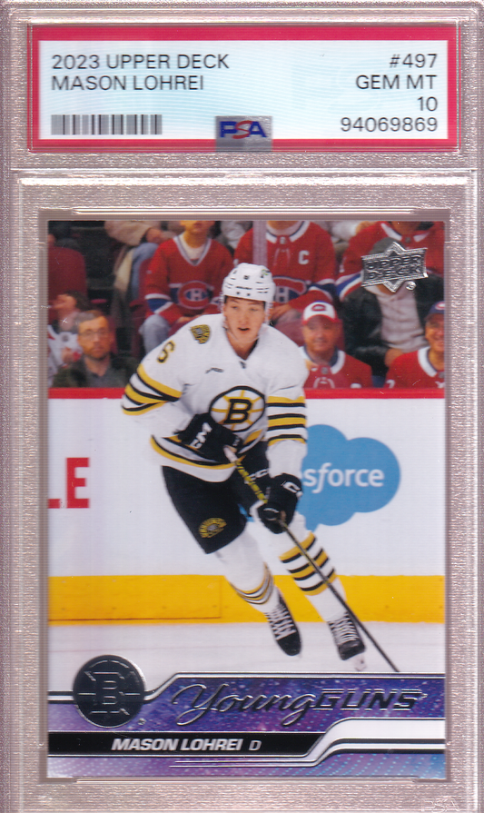 MASON LOHREI 2023-24 Upper Deck UD Young Guns Rookie Card PSA 10 RC #497 Boston Bruins