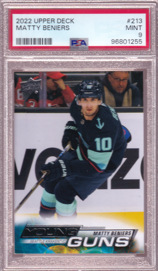 MATTY BENIERS 2022-23 Upper Deck UD Young Guns Rookie RC Card PSA 9 #213 Seattle Kraken