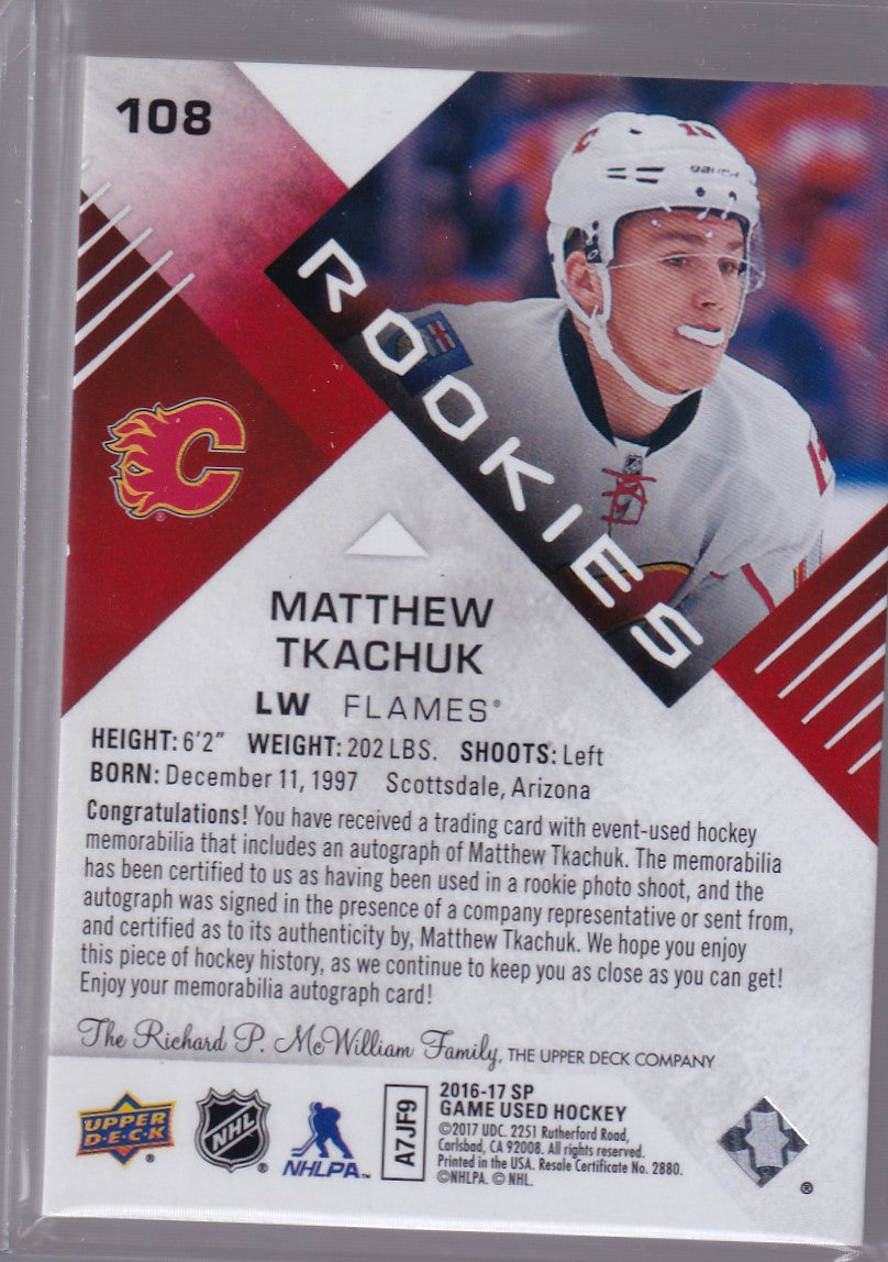 MATTHEW TKACHUK SP Game Used Authentic Rookies 10/25