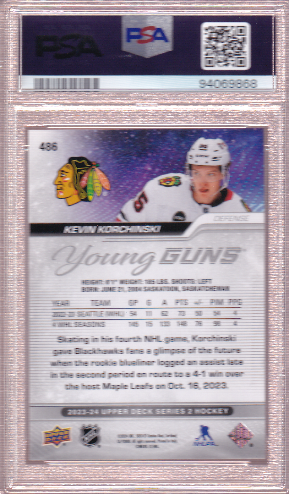 KEVIN KORCHINSKI 2023-24 Upper Deck UD Young Guns Rookie Card PSA 10 RC #486 Chicago Blackhawks (Copy)