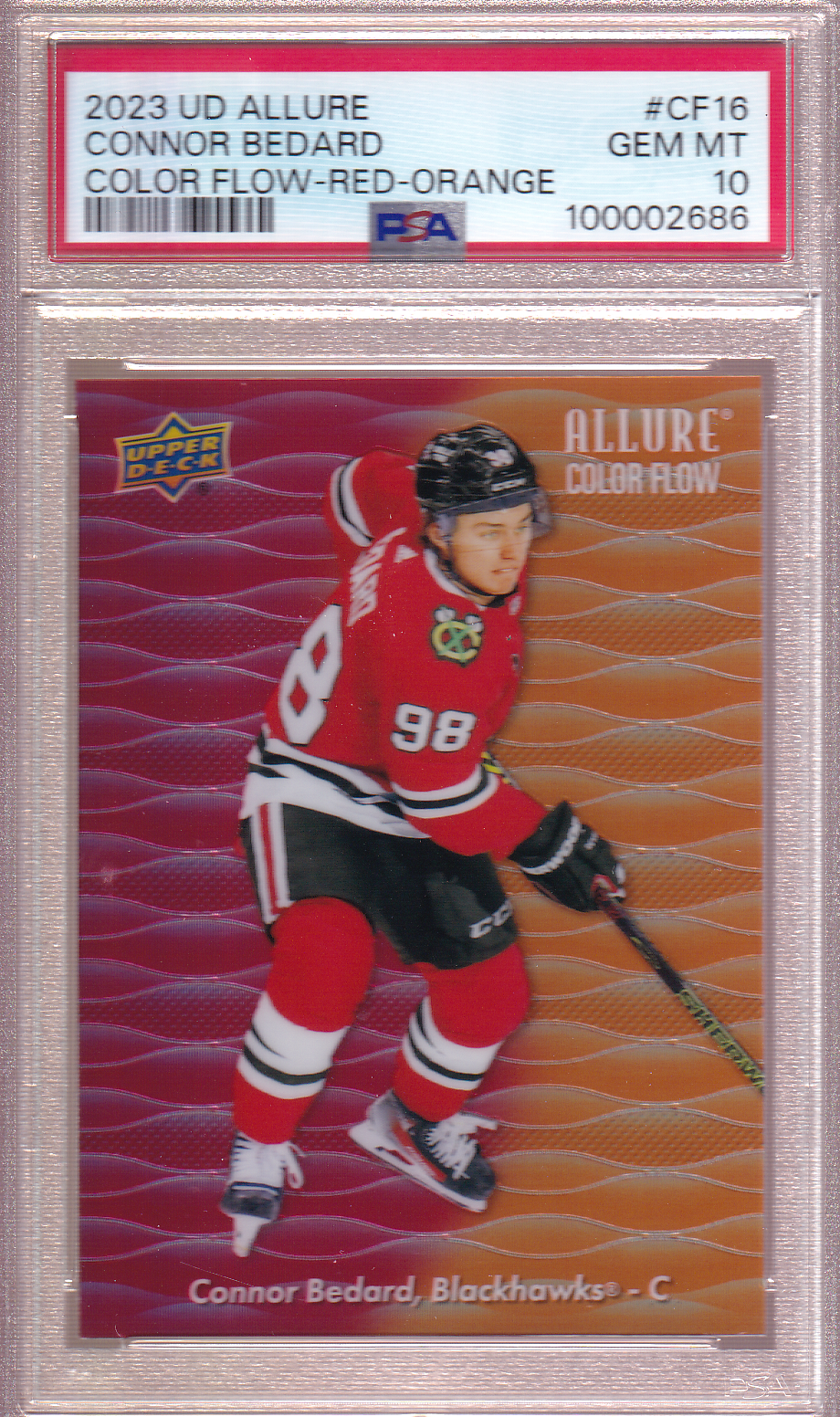 Connor Bedard 2023-24 UD Allure Color Flow RED-ORANGE Rookie Card #CF-16 RC PSA 10 Chicago Blackhawks