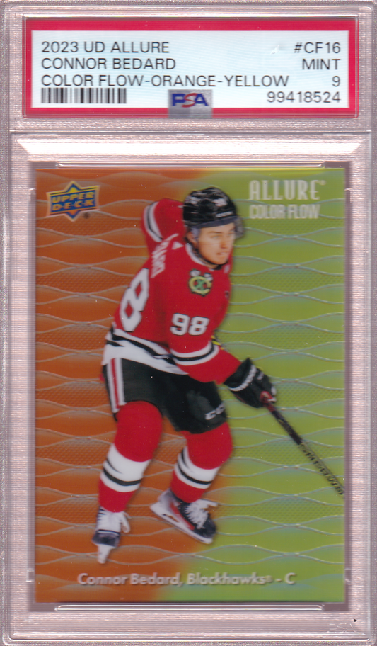 Connor Bedard 2023-24 UD Allure Color Flow ORANGE - YELLOW Rookie Card #CF-16 RC PSA 9 Chicago Blackhawks