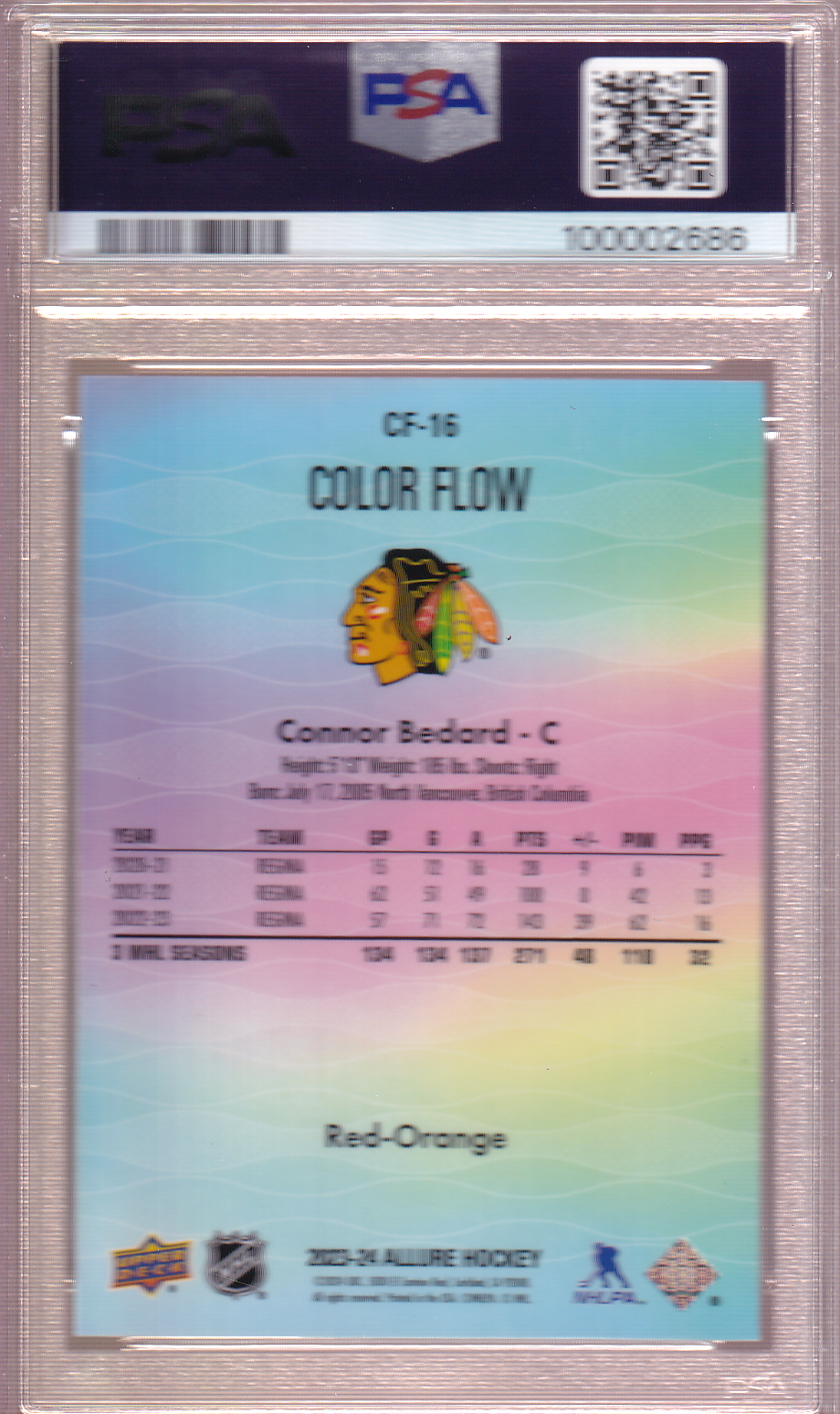 Connor Bedard 2023-24 UD Allure Color Flow RED-ORANGE Rookie Card #CF-16 RC PSA 10 Chicago Blackhawks