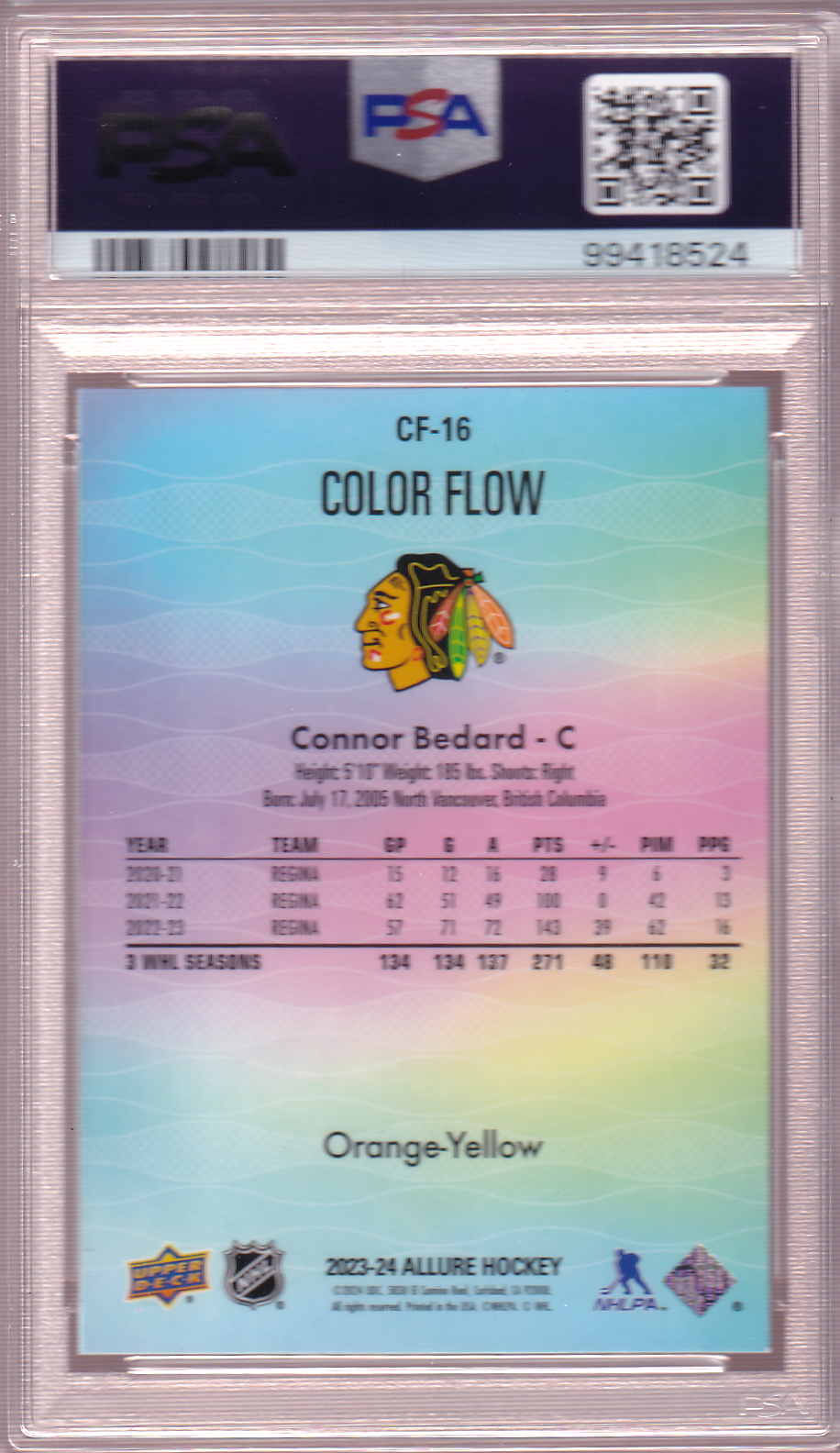 Connor Bedard 2023-24 UD Allure Color Flow ORANGE - YELLOW Rookie Card #CF-16 RC PSA 9 Chicago Blackhawks